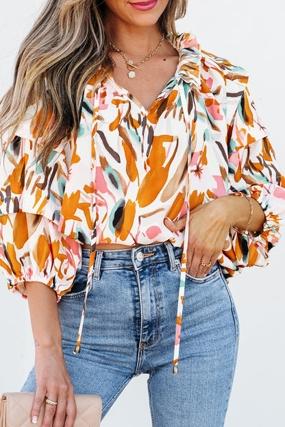 Abstract Print Drawstring Frilled V Neck 3/4 Sleeve Blouse | Yellow