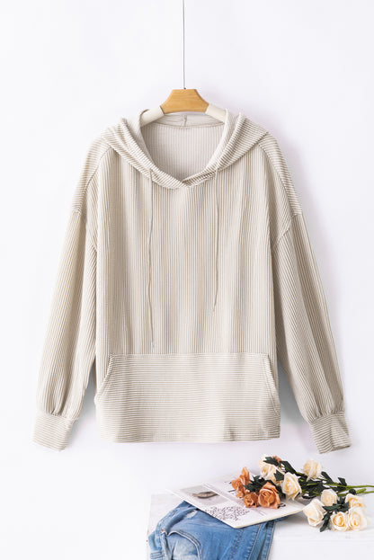 Corded Drop Shoulder Kangaroo Pocket Hoodie | Pale Khaki