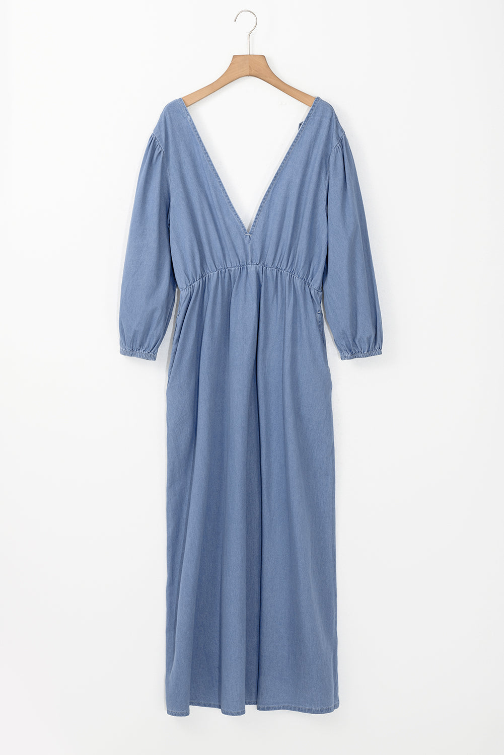 Chambray Deep V Neck Bracelet Sleeve Maxi Dress | Myosotis