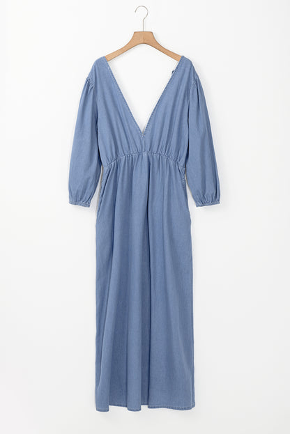 Chambray Deep V Neck Bracelet Sleeve Maxi Dress | Myosotis