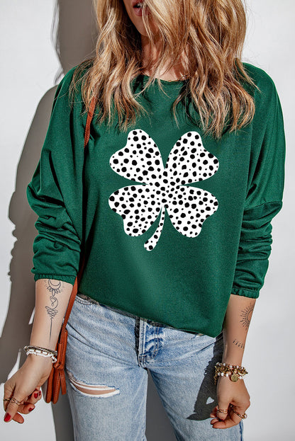 Leopard Clover Print Drop Sleeve Crewneck Top | Green