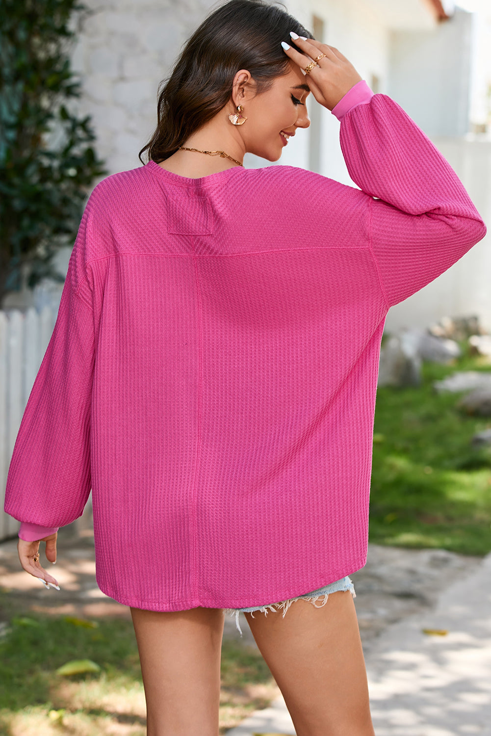 Waffle V Neck Long Sleeve Drop Shoulder Loose Blouse | Bright Pink