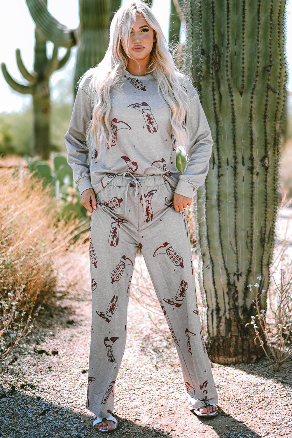 Cowgirl Boots Printed Long Sleeve Top Pants Lounge Set | Gray