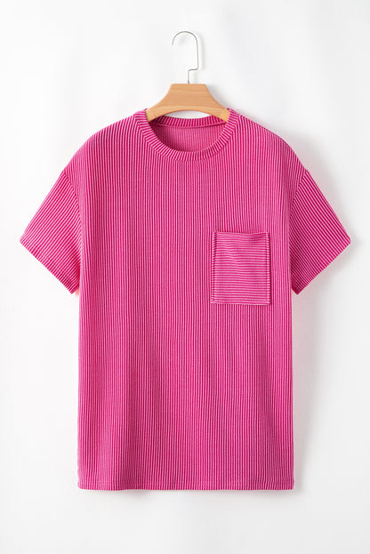 Corded Knit Pocketed Loose Fit T Shirt | Pink