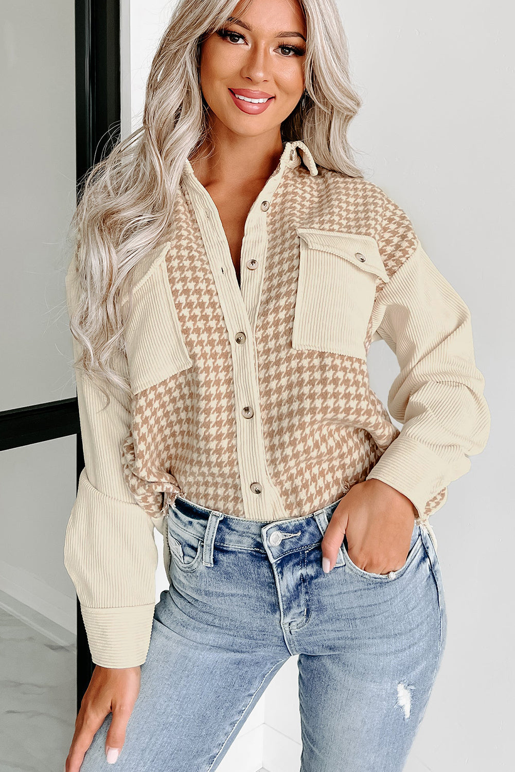 Houndstooth Corduroy Patchwork Flap Pocket Shacket | Parchment