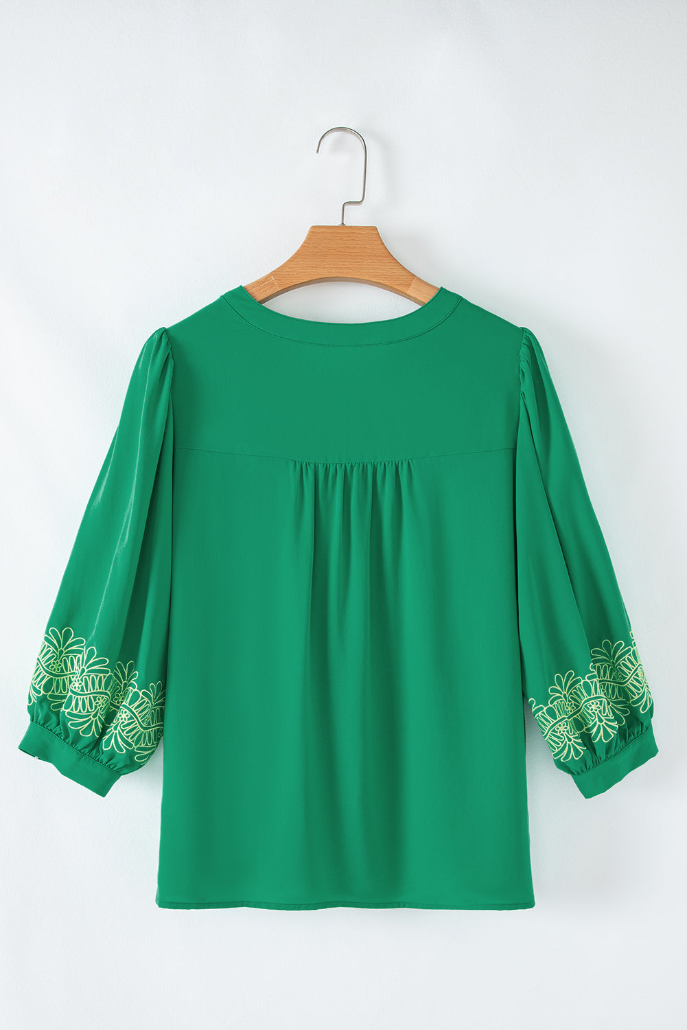 Contrast Floral Embroidered 3/4 Sleeve Notched V Neck Elegant Blouse | Green