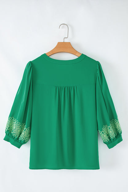 Contrast Floral Embroidered 3/4 Sleeve Notched V Neck Elegant Blouse | Green