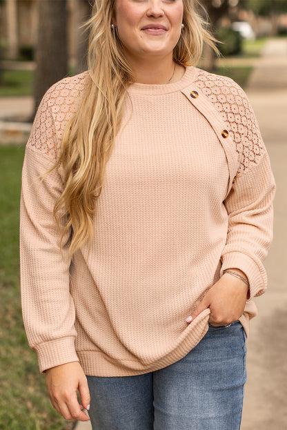 Plus Size Lace Patchwork Buttons Waffle Knit Top | Beige