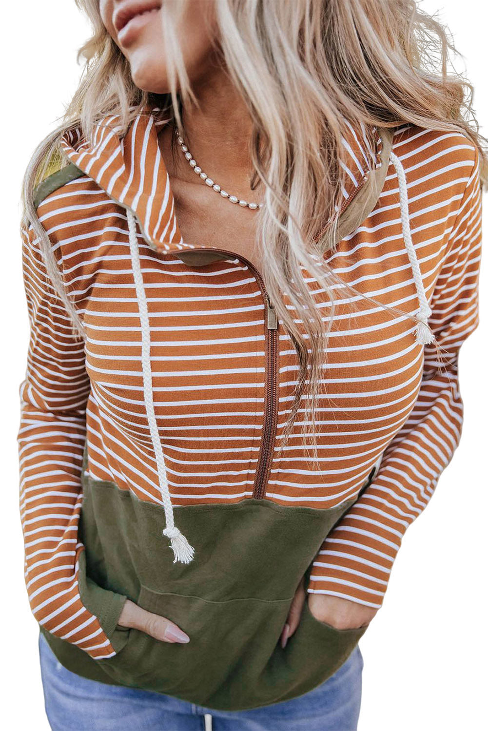 Striped Colour Block Patchwork Thumbhole Sleeve Hoodie | Orange