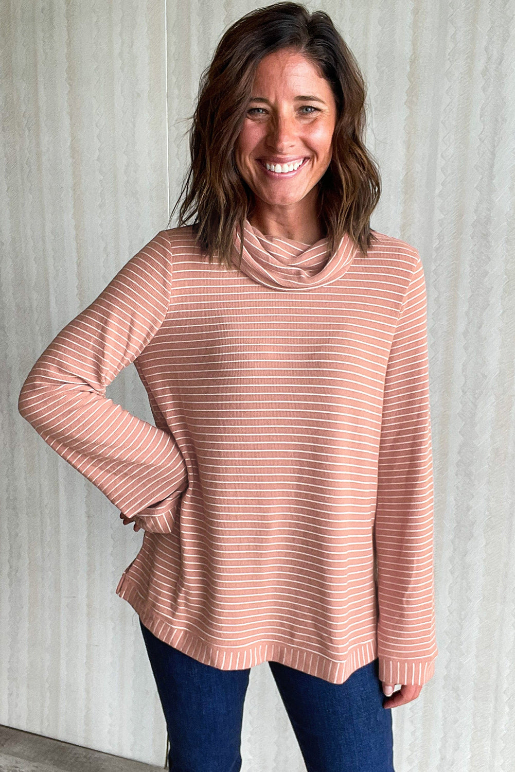 Cowl Neck Side Slits Loose Fit Long Sleeve Top | Pink Stripe