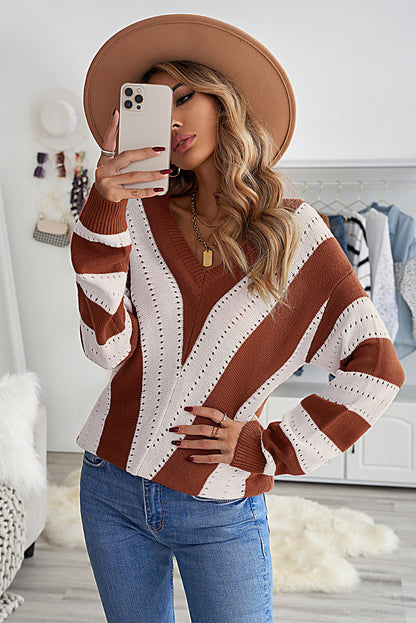 Striped Colourblock V Neck Knitted Sweater | Brown