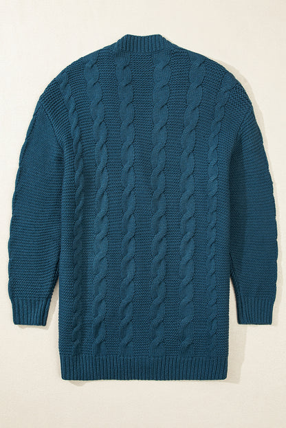 Cable Knit Button Front Pocketed Baggy Cardigan | Peacock Blue