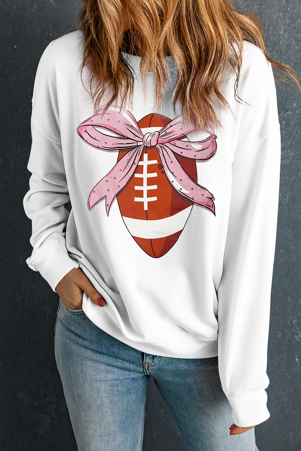 Bowknot Rugby Football Graphic Game Day Pullover Sweatshirt | Beige