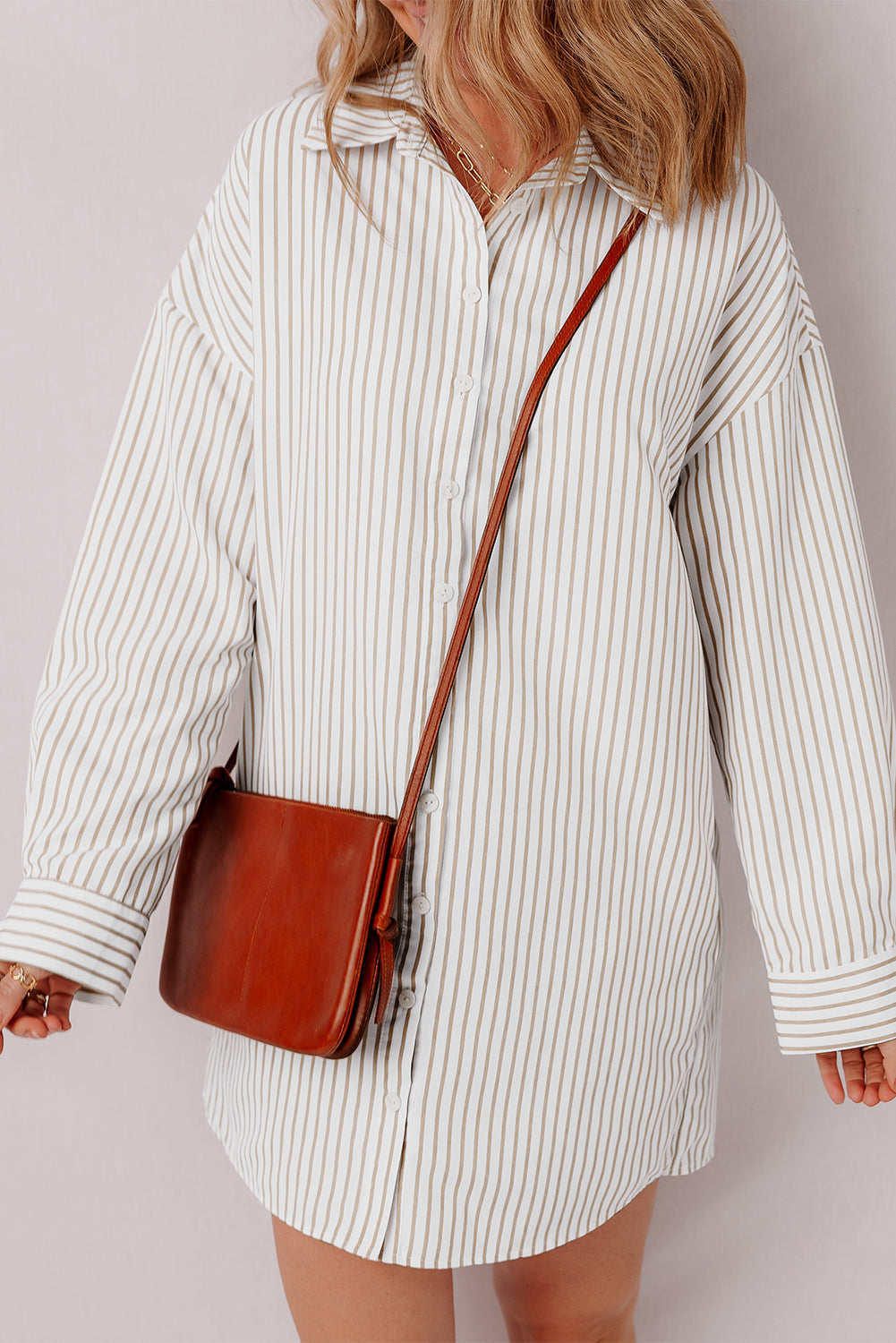 Long Sleeve Button Up Mini Shirt Dress | Khaki Stripe