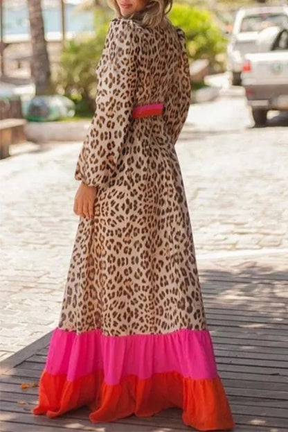 Leopard Colour Block V Neck Loose Fit Maxi Dress | Brown