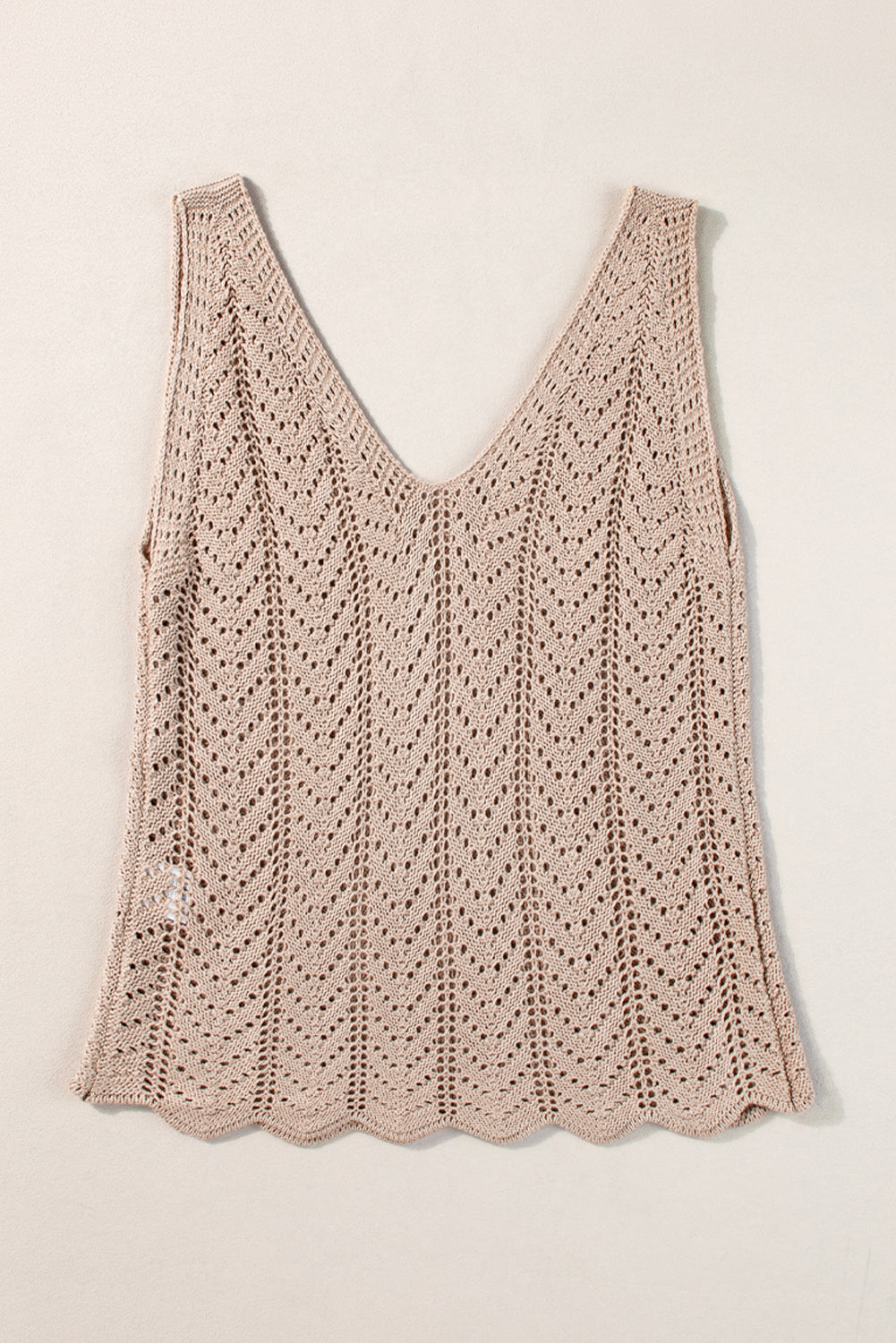 Scalloped Hem V Neck Crochet Knit Vest | Pale Khaki