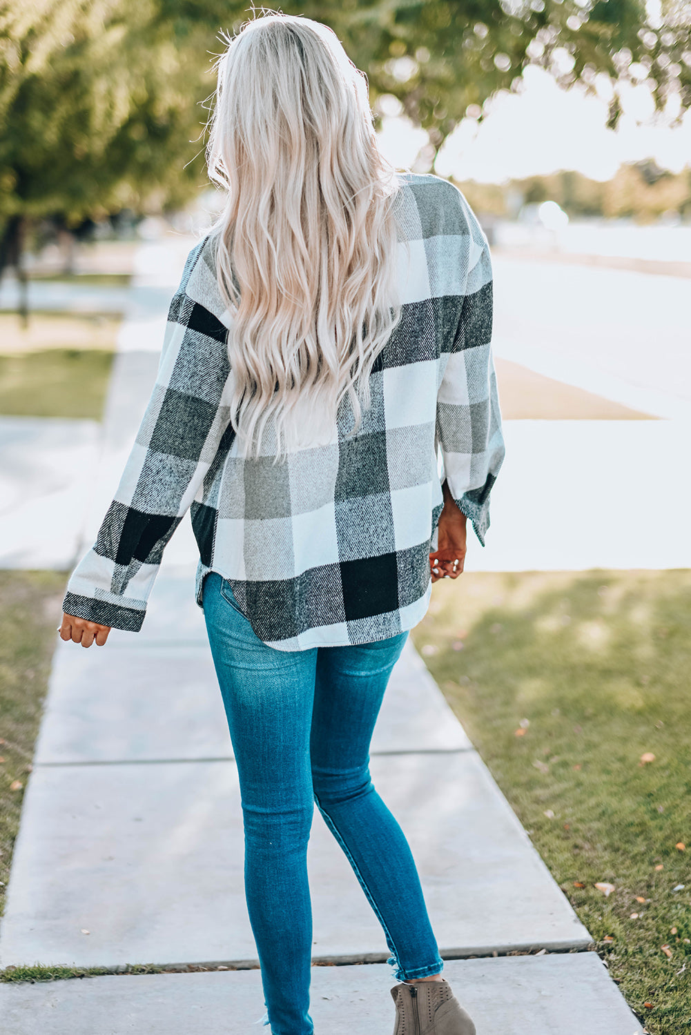 Plaid Colour Block Buttoned Long Sleeve Jacket With Pocket | Gray