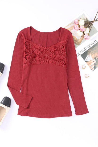 Fiery  Lace Crochet V Neck Long Sleeve Top | Red