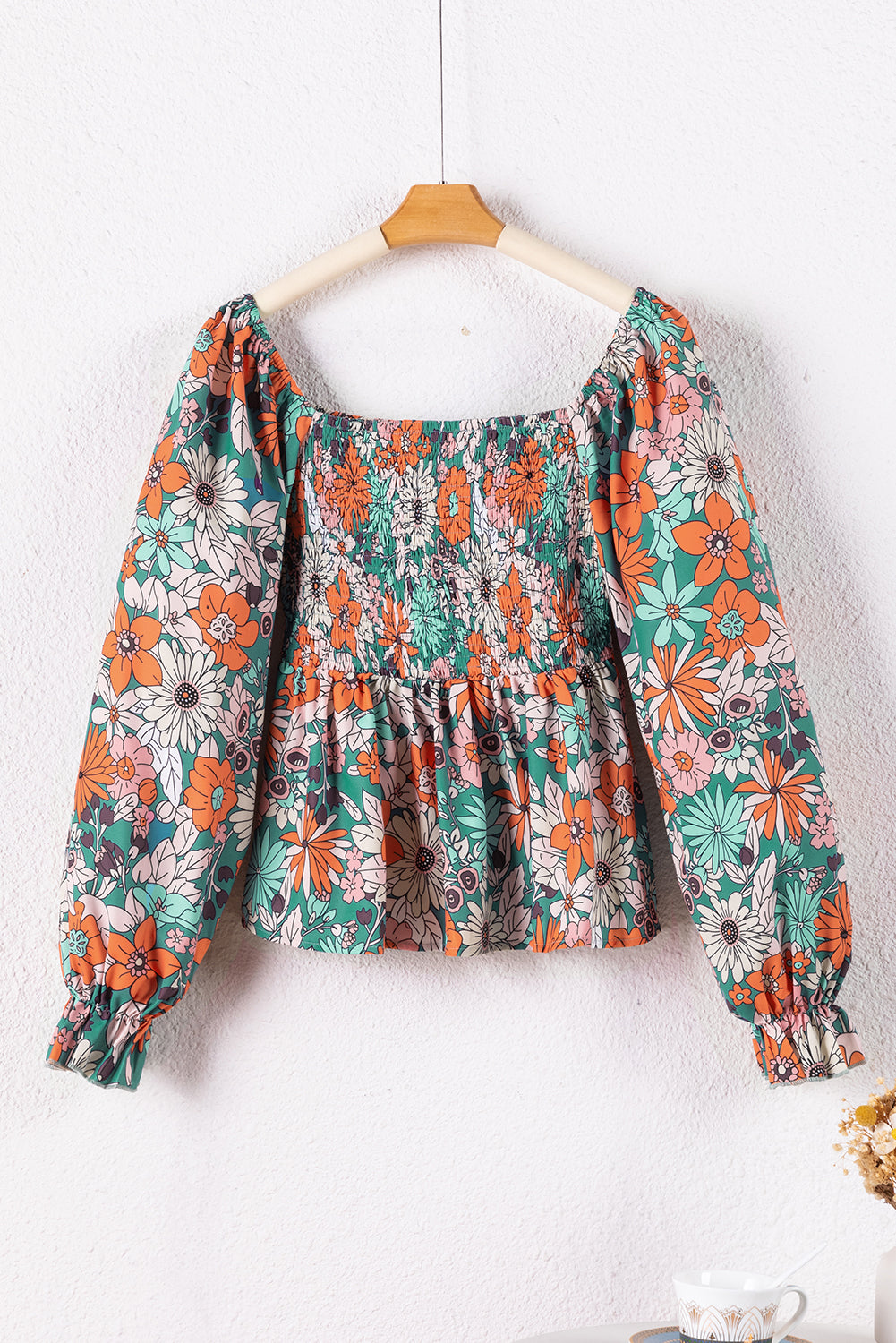 Floral Print Smocked Puff Sleeve Peplum Blouse | Printed