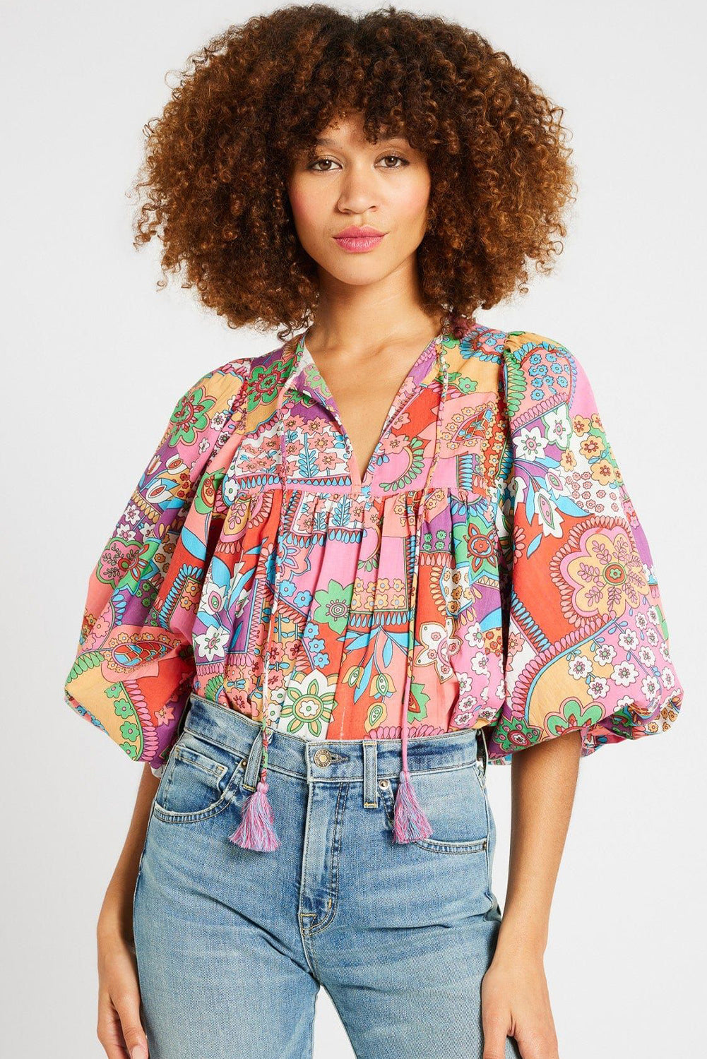 Boho Floral Bubble Sleeve Tassel Tied Neck Pleated Blouse | Multicolour