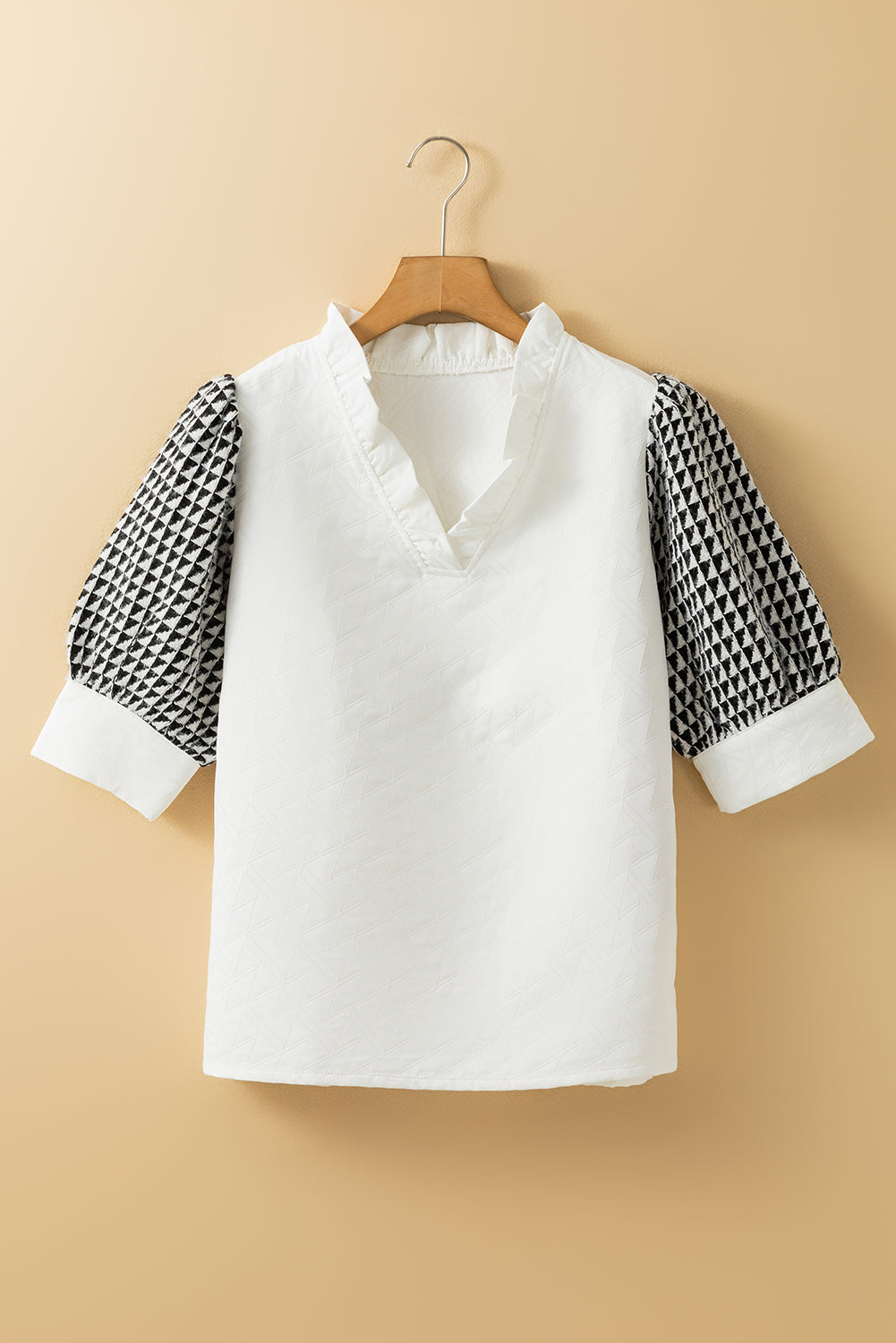 Geometric Textured Short Sleeve Frilly V Neck Blouse | White