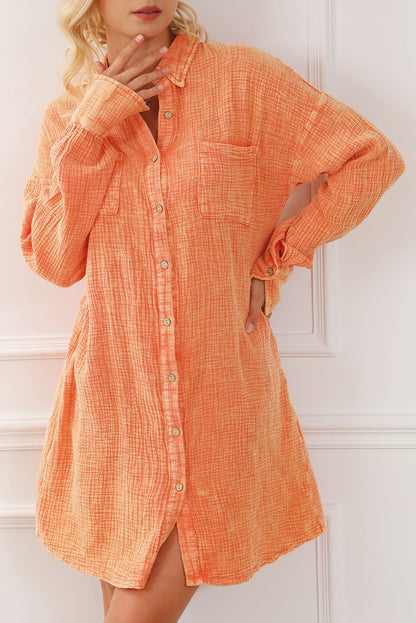 Crinkled Dual Chest Pocket Oversized Shirt Dress | Orange