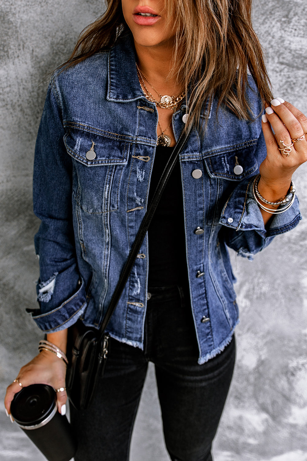 Lapel Distressed Raw Hem Buttons Denim Jacket | Blue