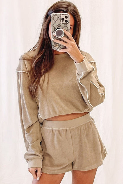 Piping Trim Long Sleeve Terry Shorts Set | Khaki