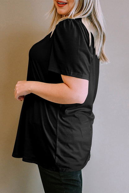 Plus Size Square Neck Ruched Shoulder Short Sleeve Top | Black