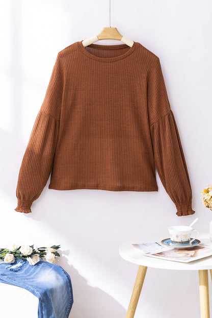 Ribbed Knit Drop Shoulder Ruffled Sleeve Textured Top | Chestnut