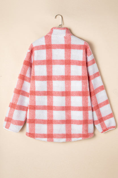 Plus Size Tunic Plaid Sherpa Henley Sweatshirt | Pink