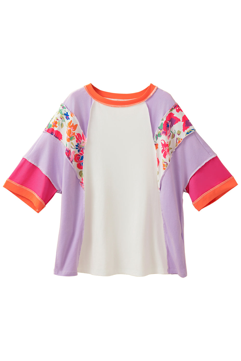 Floral Colour Block Patchwork 3/4 Sleeve Casual Blouse | Sachet Pink