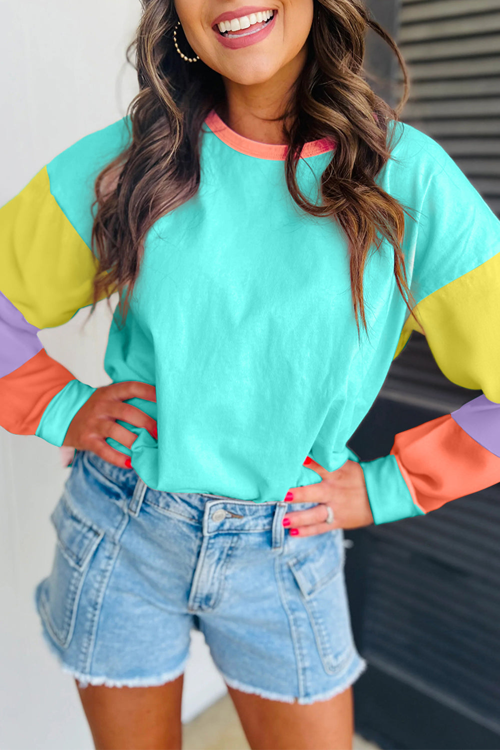 Colourblock Patchwork Long Sleeve Loose Top | Light Blue