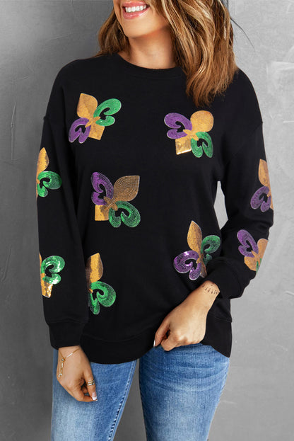 Sequin Mardi Gras Graphic Pullover Sweatshirt | Black