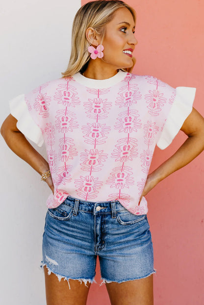 Floral Printed Ruffled Short Sleeve Sweater | White