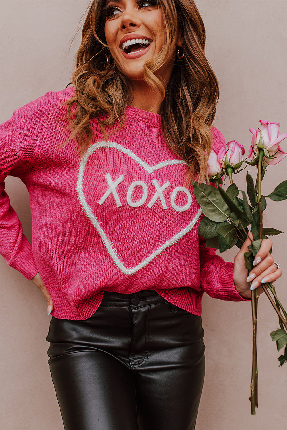 Heart Xoxo Pattern Drop Shoulder Rib Knit Sweater | Rose