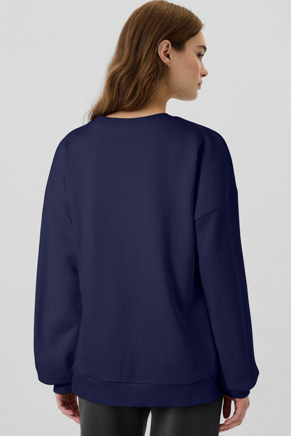 Solid Fleece Lined Drop Shoulder High Low Sweatshirt | Navy Blue