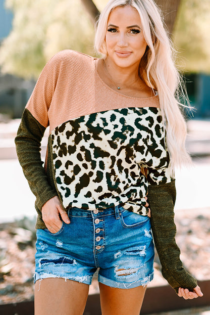 Leopard Colour Block Long Sleeve Knit Top | Multicolour