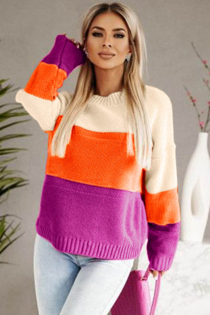 Colour Block Drop Shoulder Round Neck Knit Sweater | Multicolour