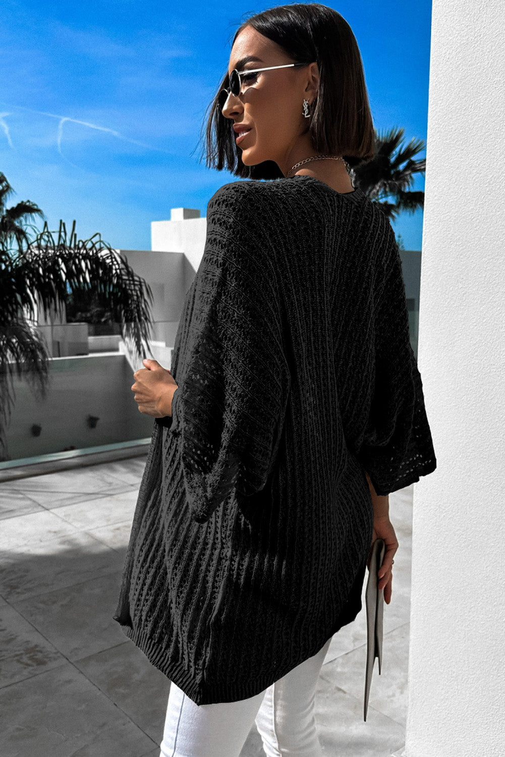 Hollow-Out Bracelet Sleeve Knit Cardigan | Black