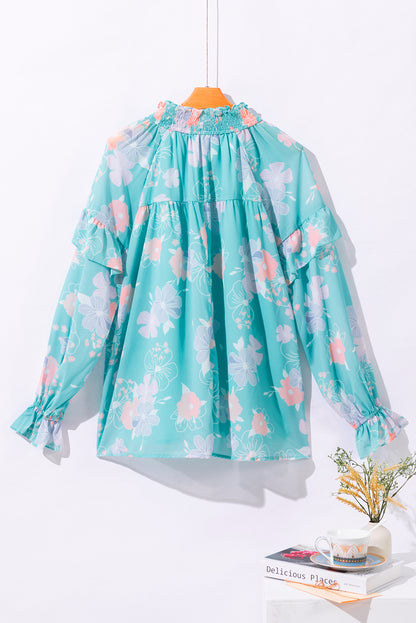 Floral Split Neck Ruffled Puff Sleeve Blouse | Sky Blue