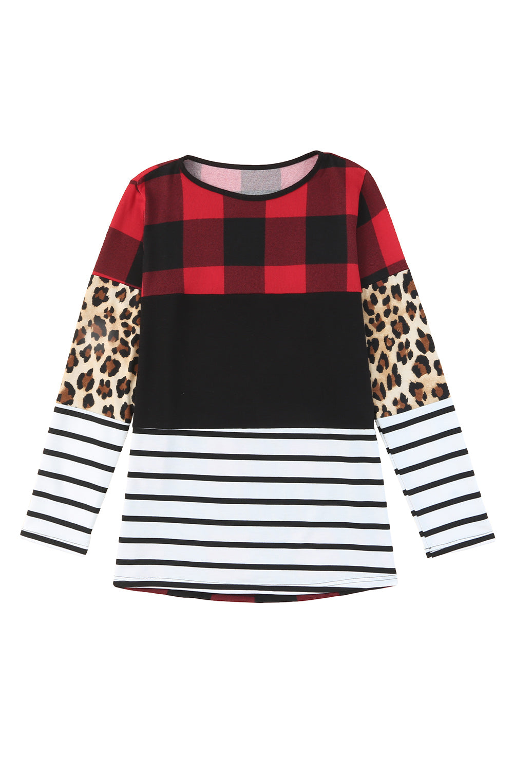 Plaid Print  Splicing Striped Colour Block Long Sleeve Top | Leopard