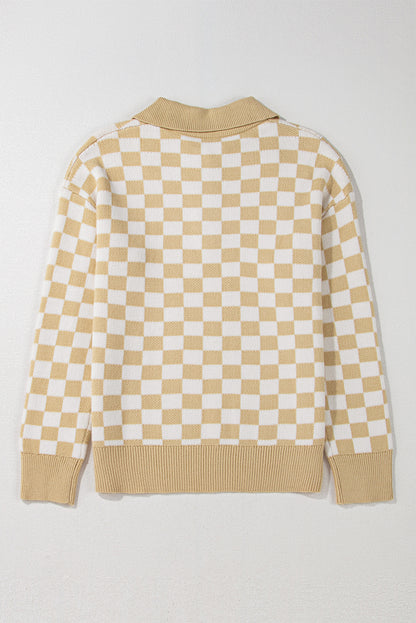 Checkered Buttons Collar V Neck Drop Shoulder Sweater | Apricot