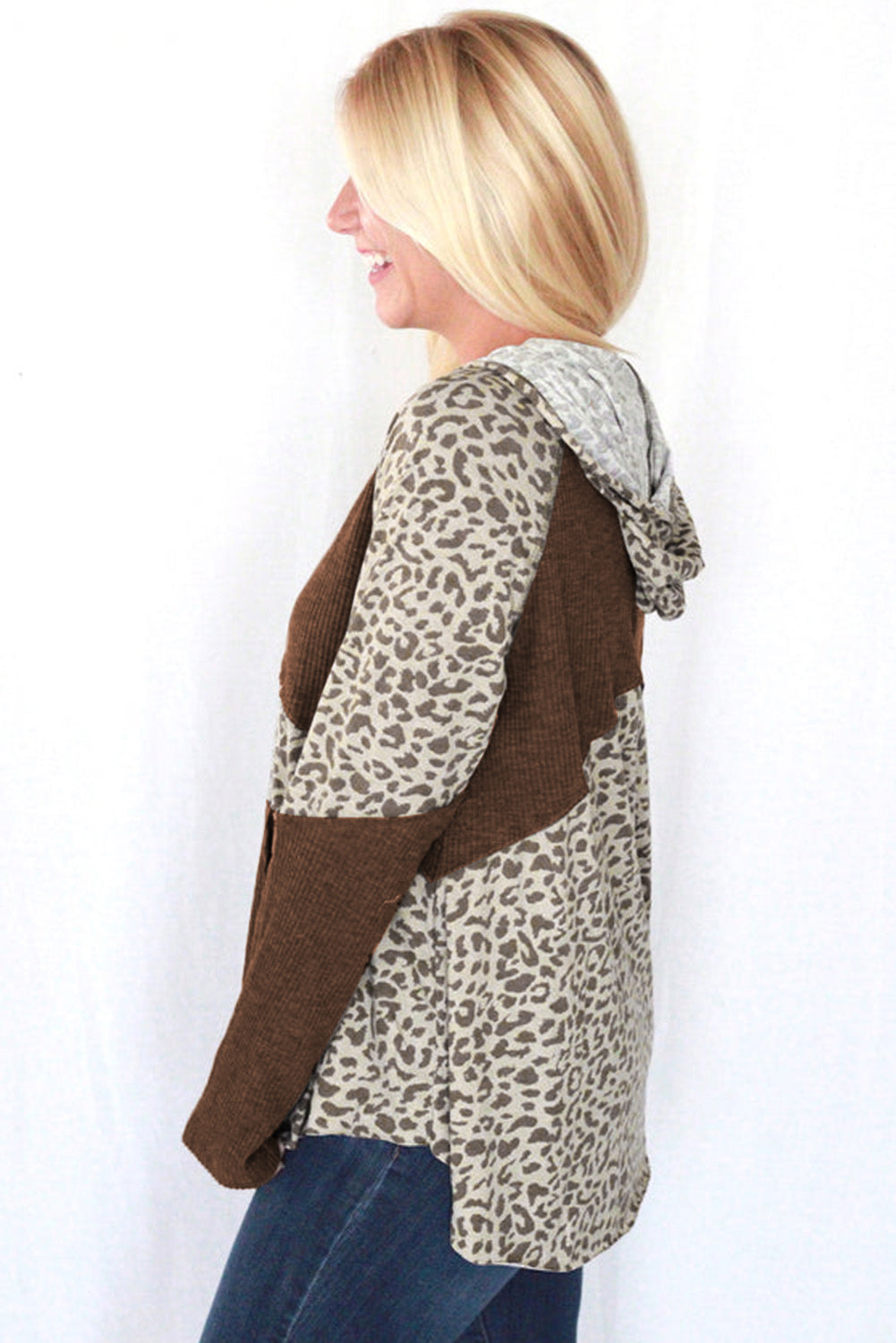 Ribbed Patchwork Buttoned Hoodie | Leopard Print