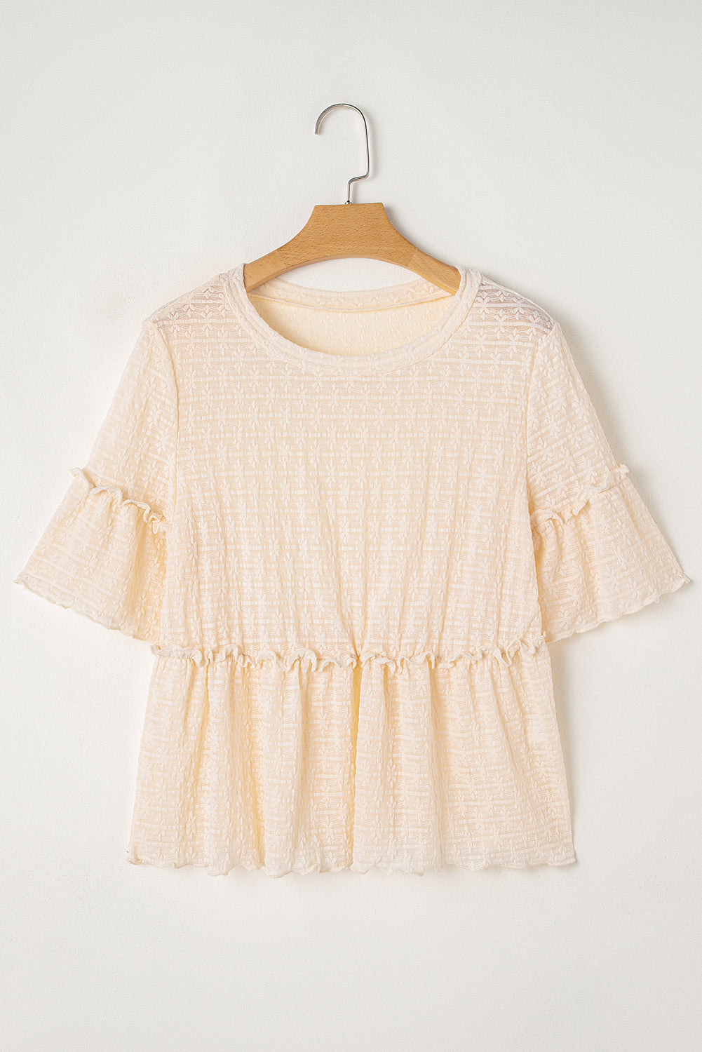 Solid Colour Textured Ruffled Short Sleeve Blouse | Beige