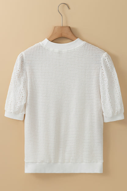 Broderie Anglaise Puff Sleeve Waffle Knit Tee | White