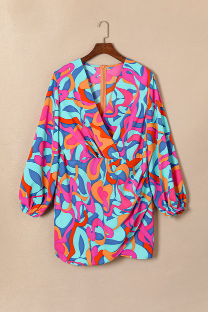 Plus Size Abstract Print Pleated Surplice Long Sleeve Dress | Multicolour