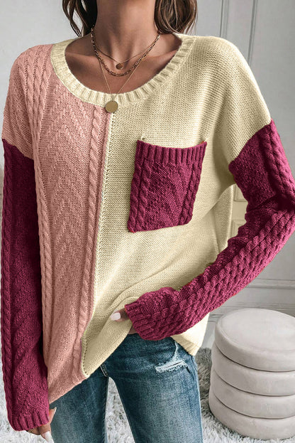 Colourblock Patched Pocket Drop Shoulder Sweater | Rose Tan