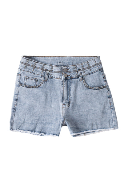 Diamond Studded Vintage Wash Denim Shorts | Sky Blue