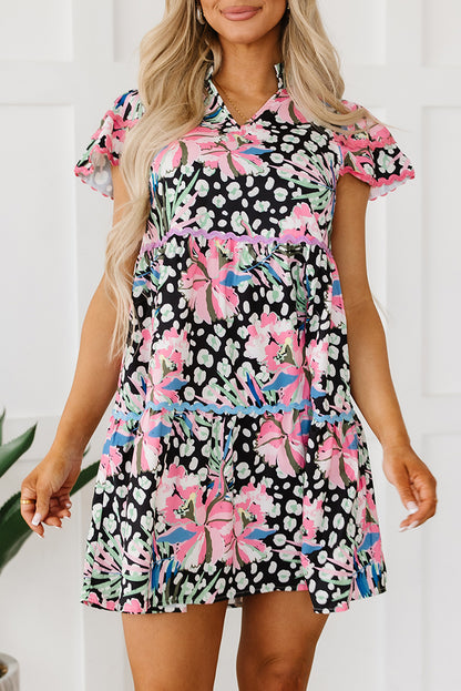 Floral Ricrac Embellished Tiered Mini Dress | Pink